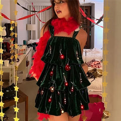 Christmas Tree Velvet Sleeveless Tiered Mini Dress