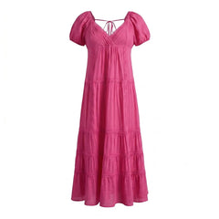 Lace Puff Sleeve V-Neck Back Tie Maxi Dress