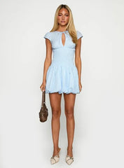 Blue Gingham Smocked Tie Front Keyhole Puff Sleeve Mini Dress