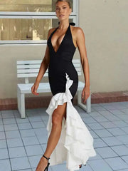 Deep V-neck Ruffles High Split Maxi Dress