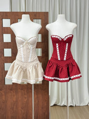 Dotted Strapless Lace Trim Corset Top And Mini Skirt Set