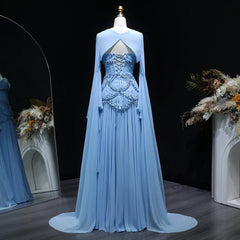 Cape Sleeve Chiffon Tiered Petals Sequined Pearl Embellished Gown