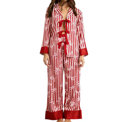 Striped Bow Tie Front Long Sleeve Top and Pants Sleepwear Set