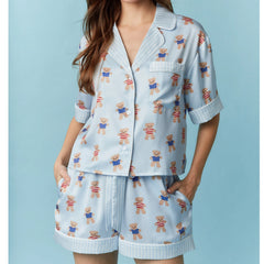 Blue Bear Print V Neck Short Sleeve Top with Shorts Lounge Wear Set