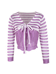 Purple White Striped Cropped Knit Bow Long Sleeve Top
