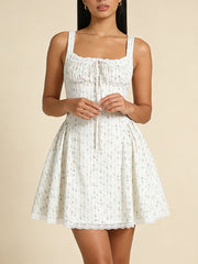 White Floral Stripe Print Square Collar Print Mini Dress