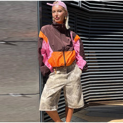 Color Block Collared Zip Up Jacket