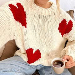 Heart Print Round Neck Knitwear Pullover