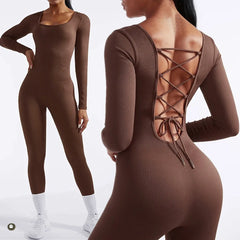 Brown bodysuit with lace-up back worn by a model on a white background