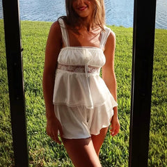 Babydoll Lace Trim Satin Pj Shorts And Square Neck Ruffles Tank Top Set