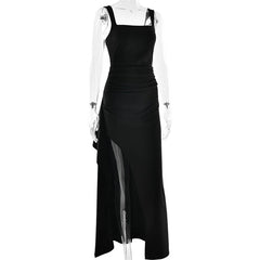 Square Neck Strap Thigh High Split Draped Long Dress