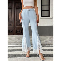 Blue Split Irregular Ruffle Hem Long Pants