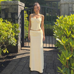 Yellow Spaghetti Strap Crop Top And Maxi Skirt Matching Set