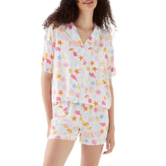 Ocean Print Button T-Shirt and Elastic Shorts Loungewear Set
