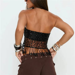 Black Sequin Fringe Trim Tube Top
