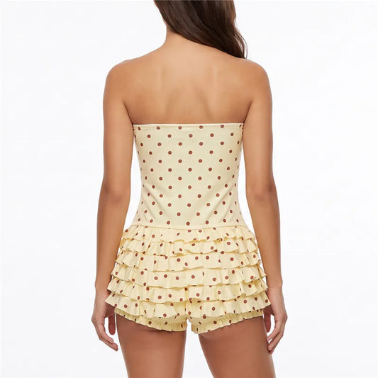 Polka Dot Strapless Tiered Ruffle Playsuit