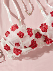 White Sheer Red Flower Embroidery Bra and Panties Lingerie Set