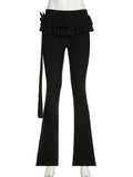 Black Lace Up Ruffled Flare Pants Low Waist Long Trouser