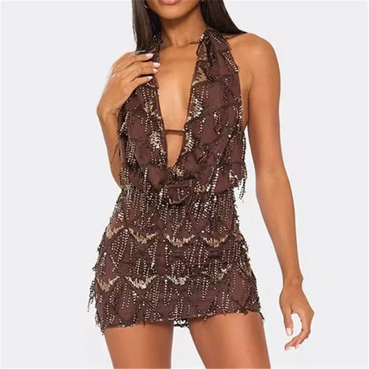 Sequin Fringe Halter Cowl Deep Neck Mini Dress