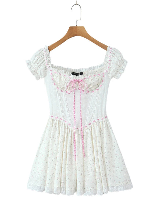 White Lace Patchwork Off-shoulder Ribbion Mini Dress