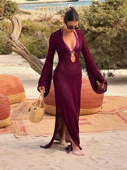 Knitted Long Sleeve Deep V-Neck Ring Detail Maxi Dress