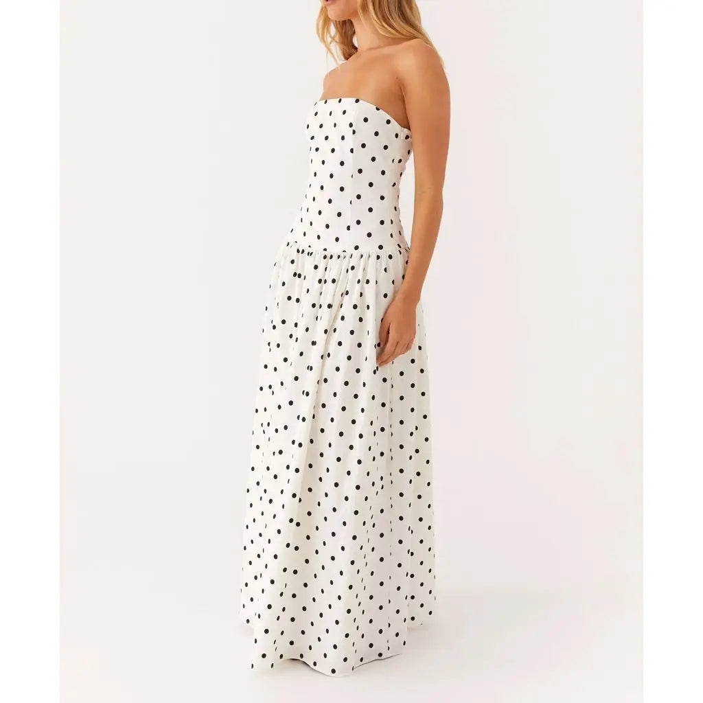Women's strapless dot/floral print pleated tube long dress with A-line silhouette.

