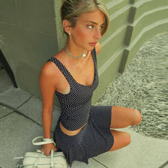 Black Polka Dot Tank Top And Mini Skirt Set