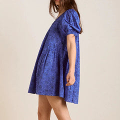 Bow Tied Short Puff Sleeve Square Neck Floral/Dot Loose A-line Mini Dress