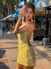 Yellow Sequin Beaded Tassel Open Back Strappy Mini Dress