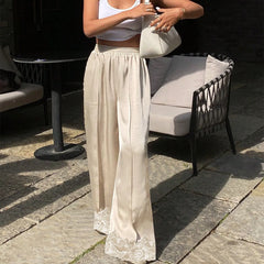 Satin Lace Trim Elastic Waist Wide Leg Pants
