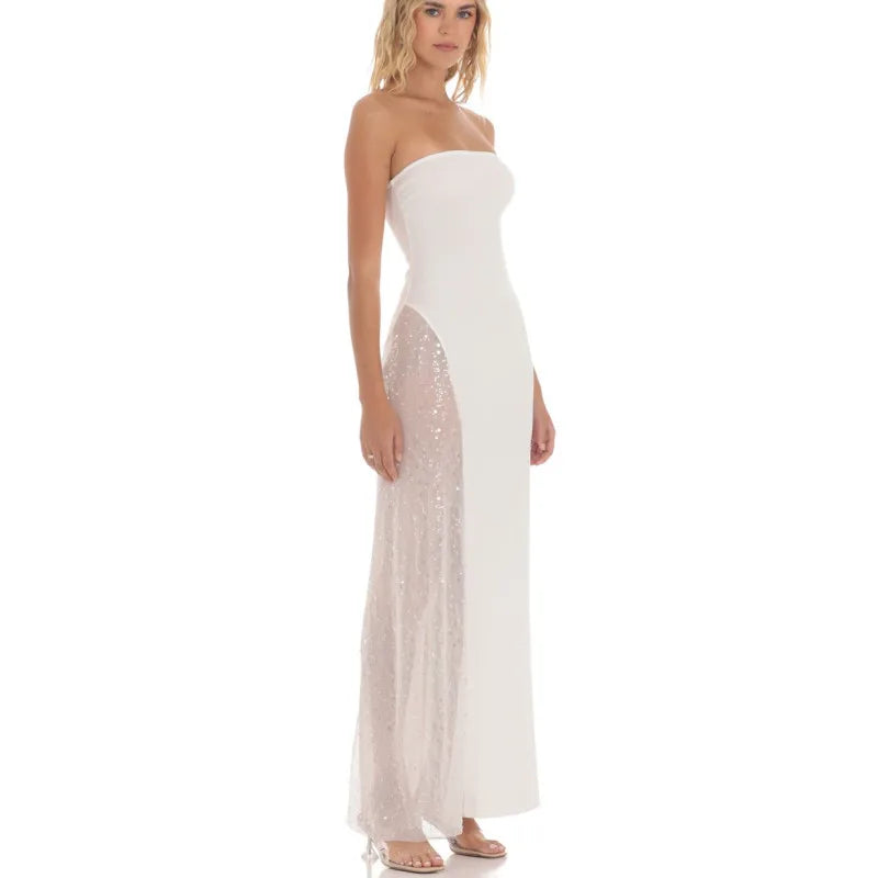 white mesh panel dress White Strapless Mesh Panel Maxi Dress White / M
