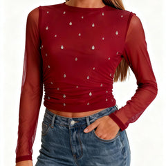 Red Crystal Appliques Long Sleeve Top