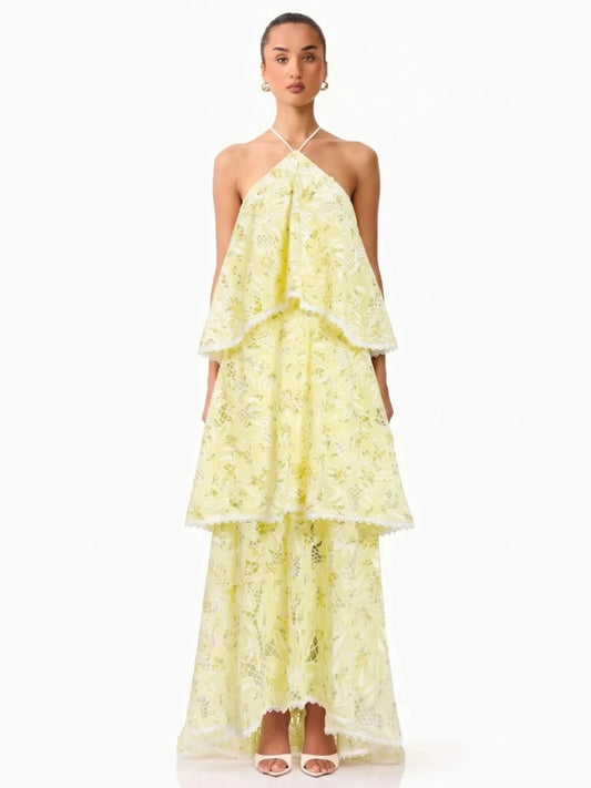 Halter Neck Tiered Ruffle Flower Long Dress
