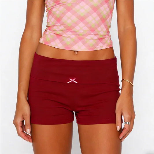 Bow Detail Fold Over Waist Low Rise Mini Shorts