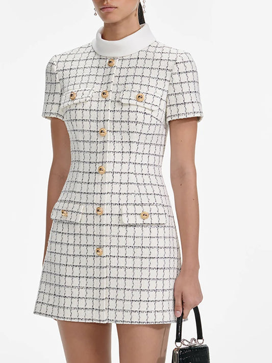 White High Collar Plaid Button Up Mini Dress