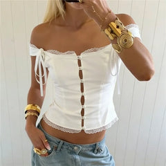 Off Shoulder Tie Strap Button Crop Top