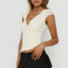 Ruffled Trim V-Neck Cap Sleeve Top