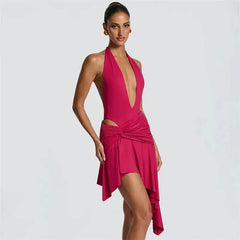 Deep V-Neck Halter Twisted Pleated Waist Irregular Hem Mini Dress