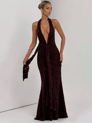Deep V Backless Drape Ruffles Maxi Dress