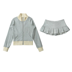 Rib Zipper Sweatshirt And Low Waist Pleated Mini Skirt Set