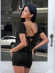 Cowl Low Neck Short Sleeve Bandeau Tie Up Mini Dress