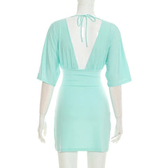 Deep V-Neck Bodycon Short Sleeve Backless Tie Up Mini Dress