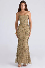 Sequin Embroidered Strap Lace Back Maxi Dress