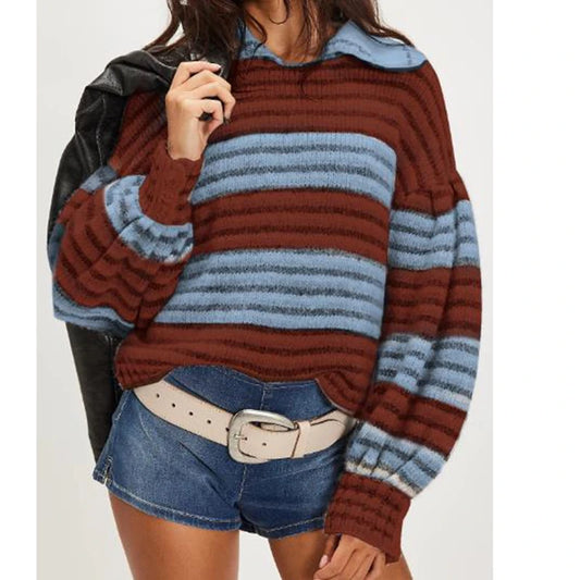 Person wearing a striped sweater and denim shorts with a white background