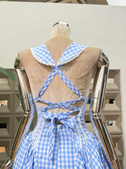 Plaid Collar Back Tie Up Midi Dress