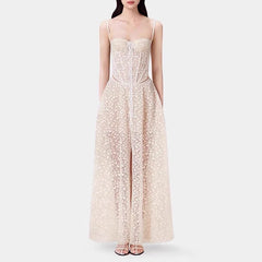 Mesh Floral Embroidery Spaghetti Strap Maxi Dress