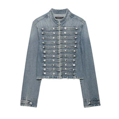 Denim Embroidered Button Jacket And Micro Shorts Set