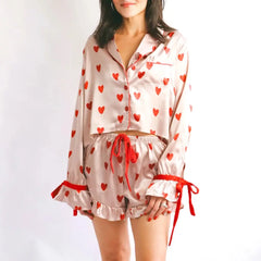 Satin Heart Print Ruffled Hem Pajama Loungewear Set