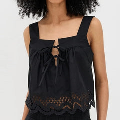 Black Square Neck Lace Embroidery Hem Top