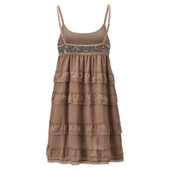 Sequin Bust Spaghetti Strap Tiered Ruffle Babydoll Mini Dress